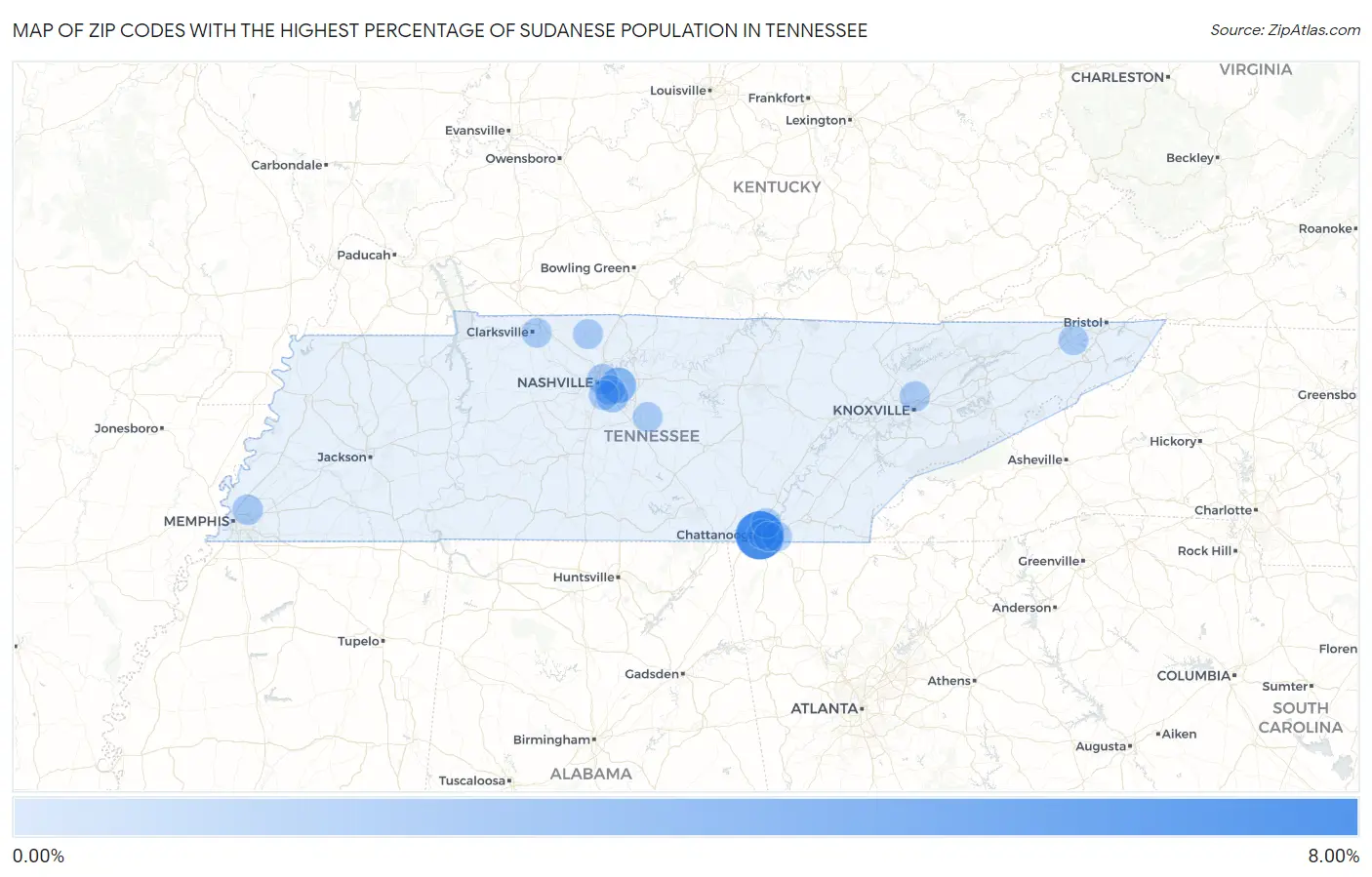 Zip Codes with the Highest Percentage of Sudanese Population in Tennessee Map