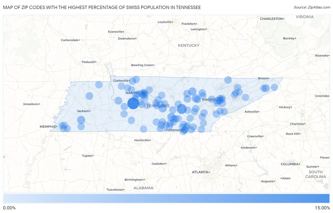 Zip Codes with the Highest Percentage of Swiss Population in Tennessee Map