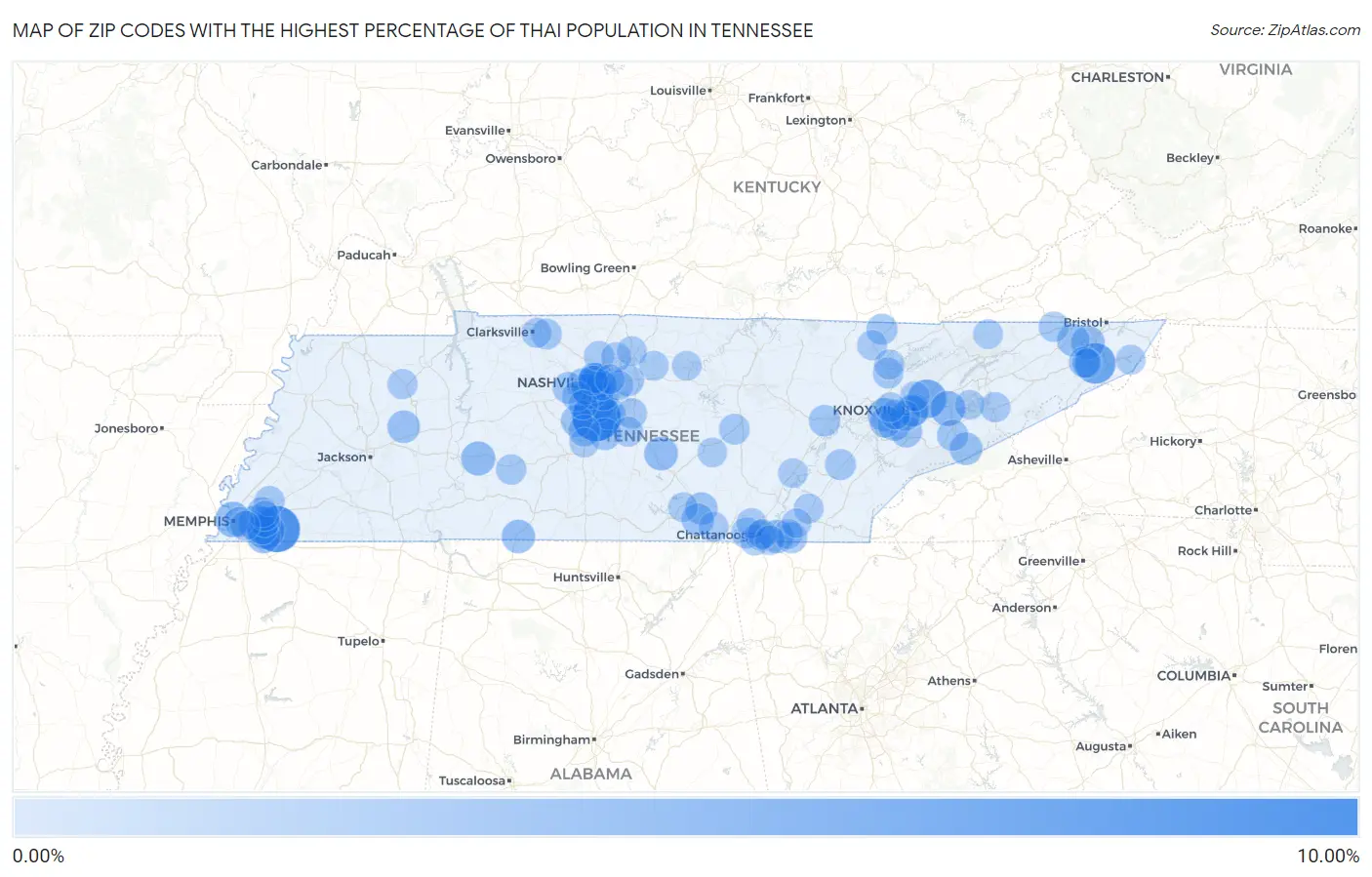 Zip Codes with the Highest Percentage of Thai Population in Tennessee Map