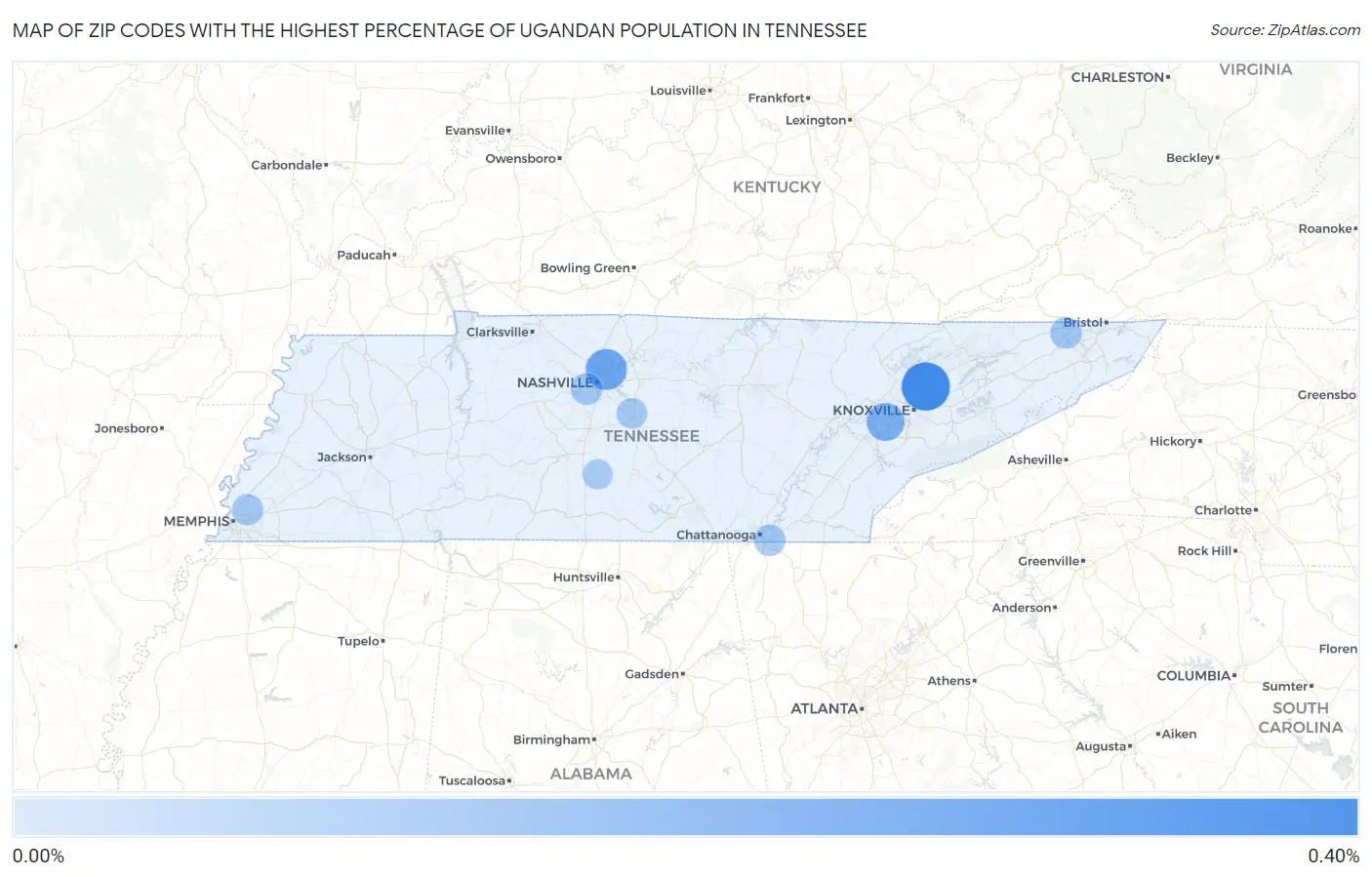 Zip Codes with the Highest Percentage of Ugandan Population in Tennessee Map