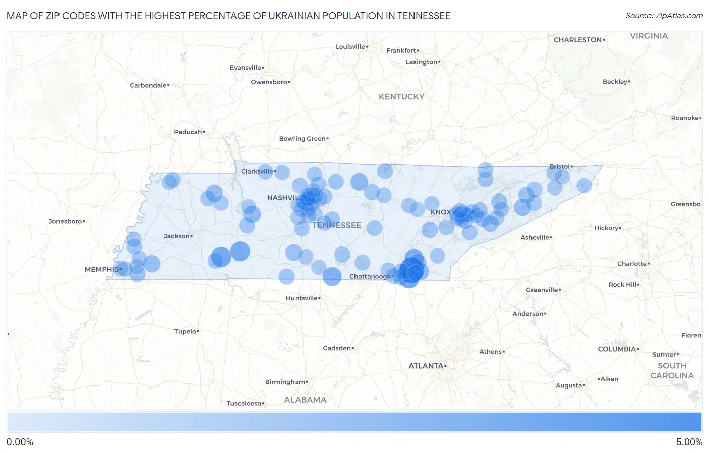 Zip Codes with the Highest Percentage of Ukrainian Population in Tennessee Map