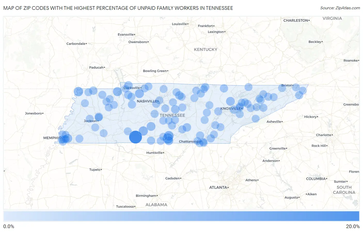 Zip Codes with the Highest Percentage of Unpaid Family Workers in Tennessee Map