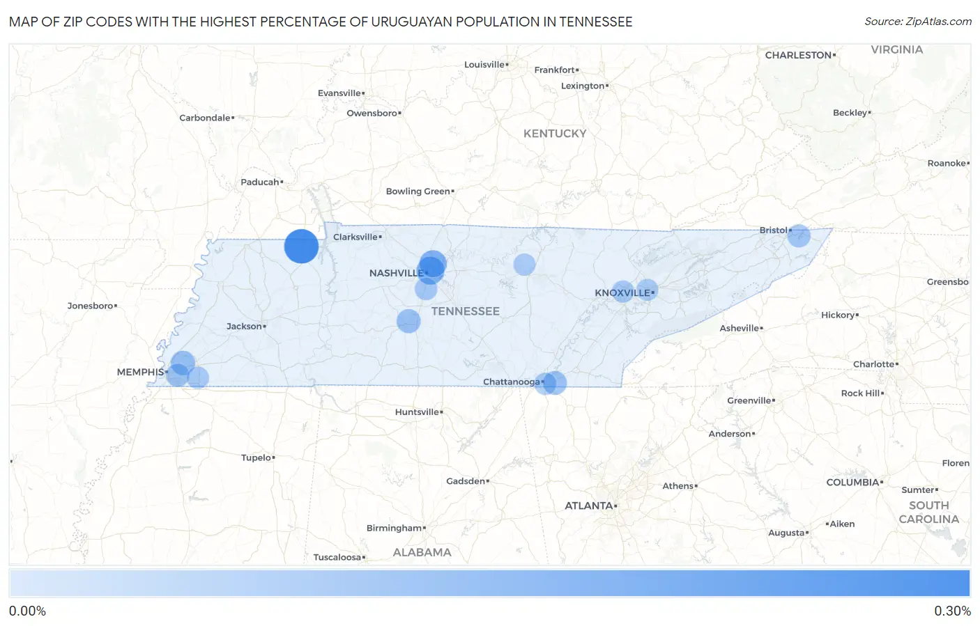 Zip Codes with the Highest Percentage of Uruguayan Population in Tennessee Map