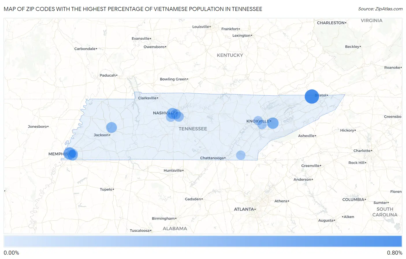 Zip Codes with the Highest Percentage of Vietnamese Population in Tennessee Map