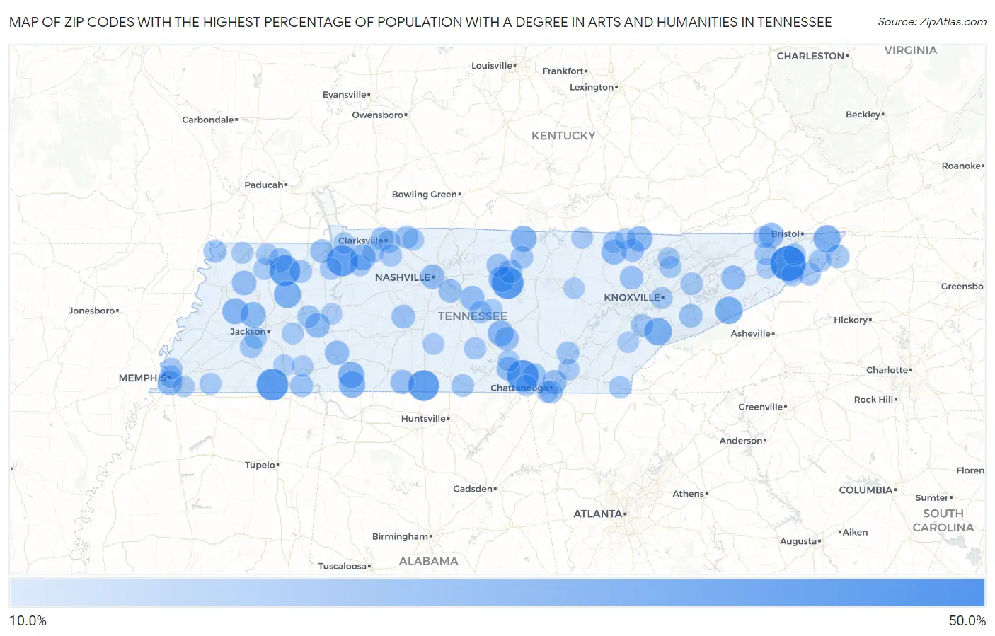 Zip Codes with the Highest Percentage of Population with a Degree in Arts and Humanities in Tennessee Map