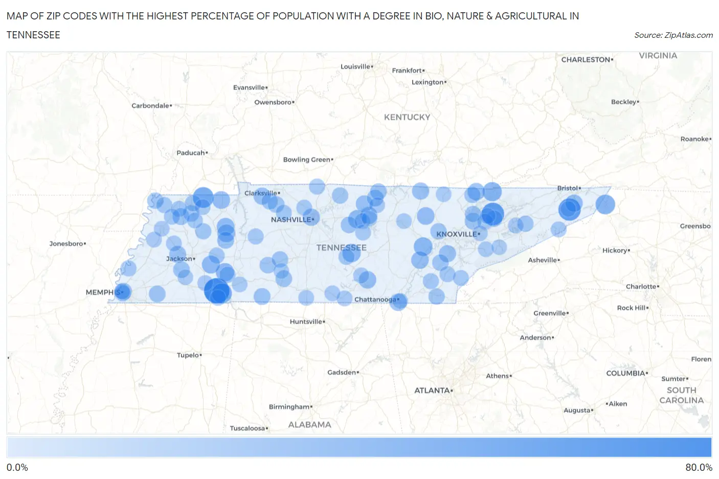 Zip Codes with the Highest Percentage of Population with a Degree in Bio, Nature & Agricultural in Tennessee Map