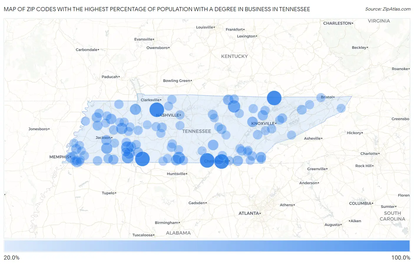 Zip Codes with the Highest Percentage of Population with a Degree in Business in Tennessee Map