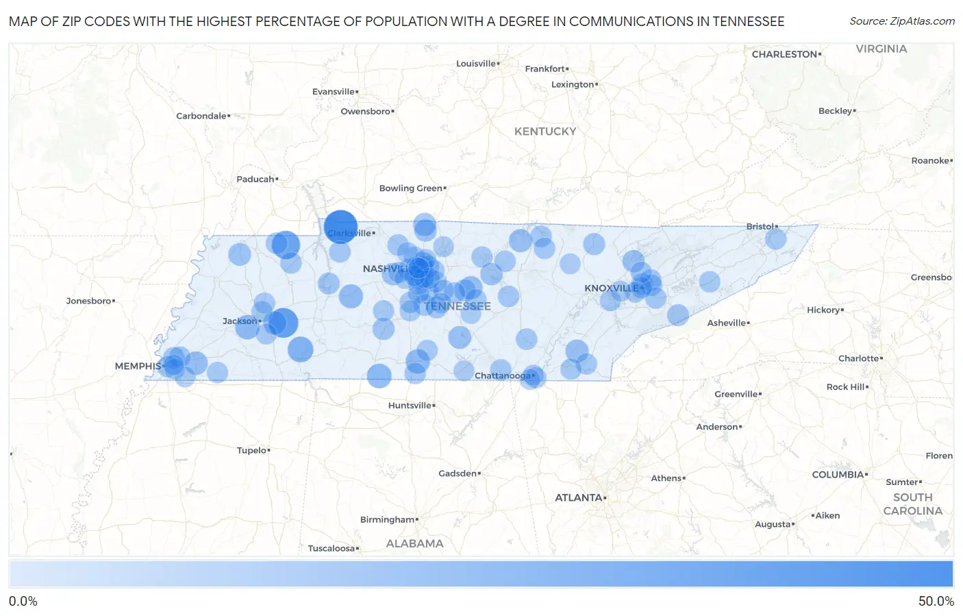 Zip Codes with the Highest Percentage of Population with a Degree in Communications in Tennessee Map