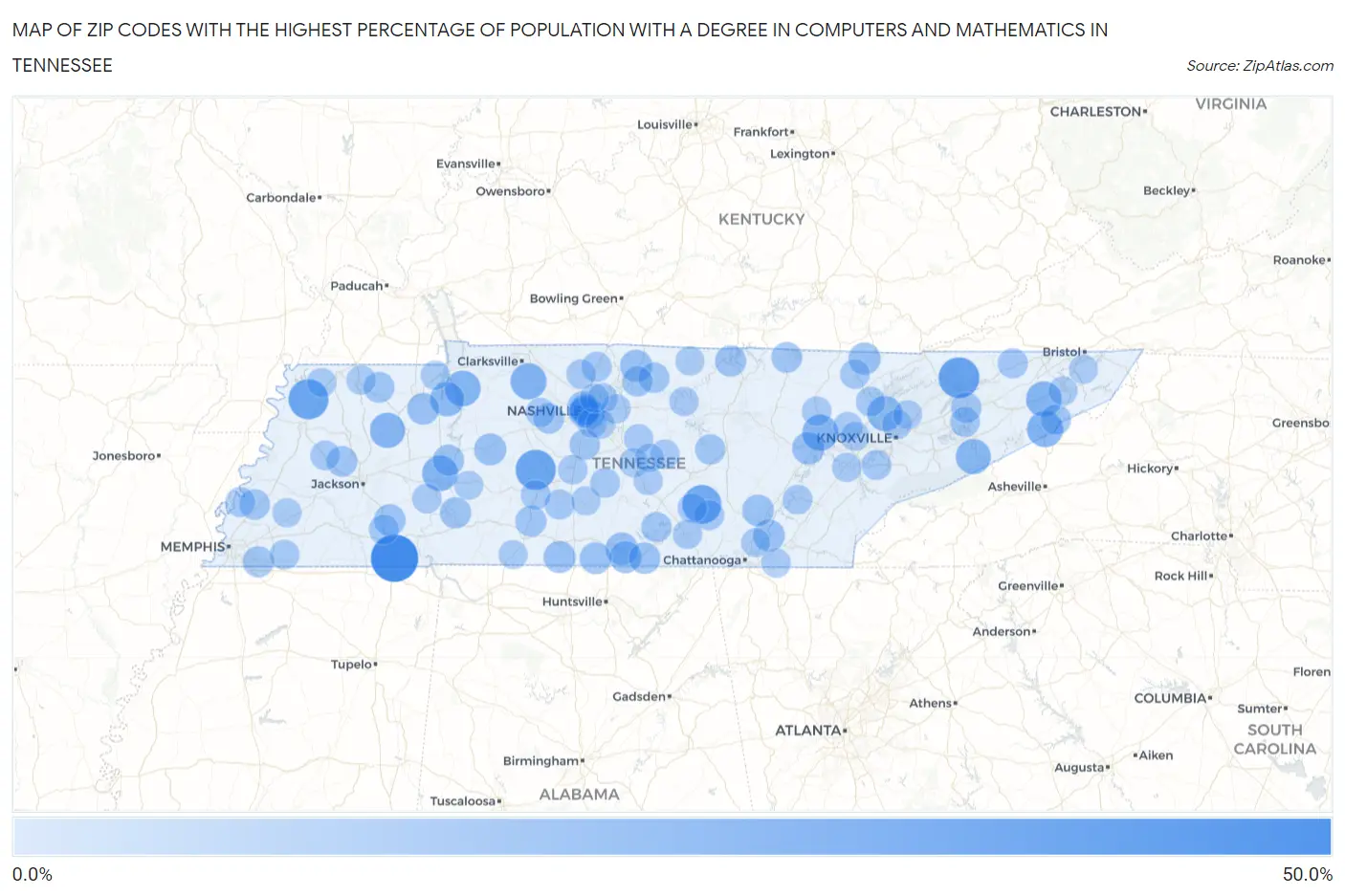 Zip Codes with the Highest Percentage of Population with a Degree in Computers and Mathematics in Tennessee Map