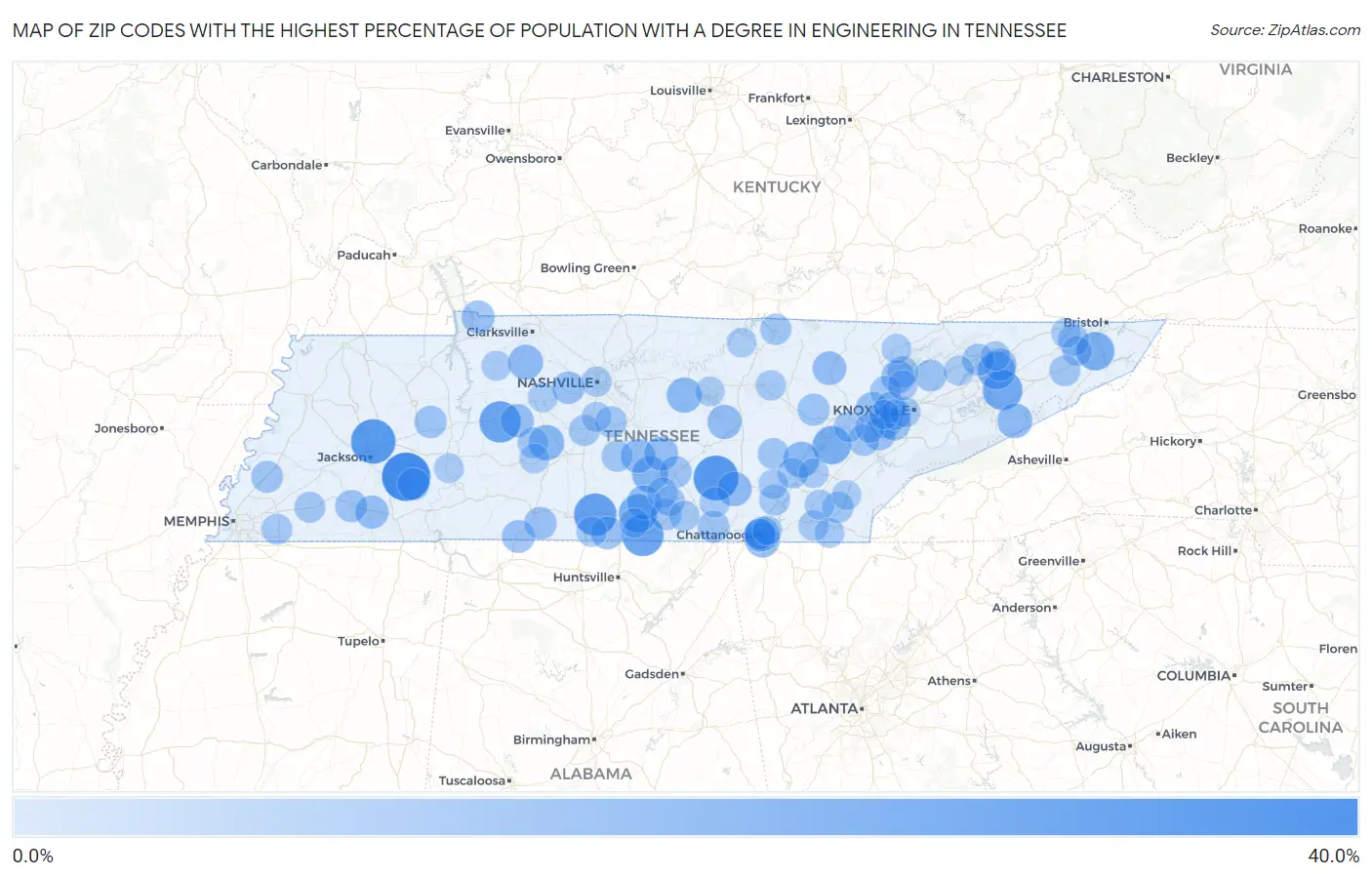 Zip Codes with the Highest Percentage of Population with a Degree in Engineering in Tennessee Map