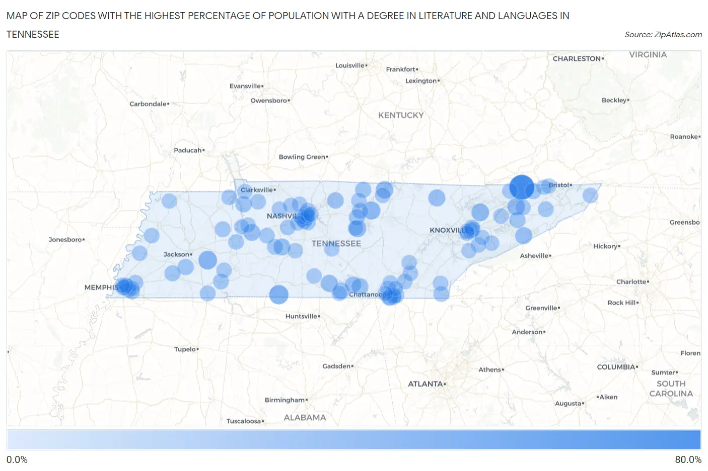 Zip Codes with the Highest Percentage of Population with a Degree in Literature and Languages in Tennessee Map