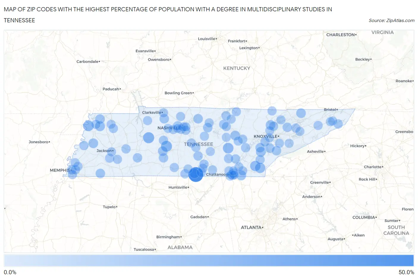 Zip Codes with the Highest Percentage of Population with a Degree in Multidisciplinary Studies in Tennessee Map
