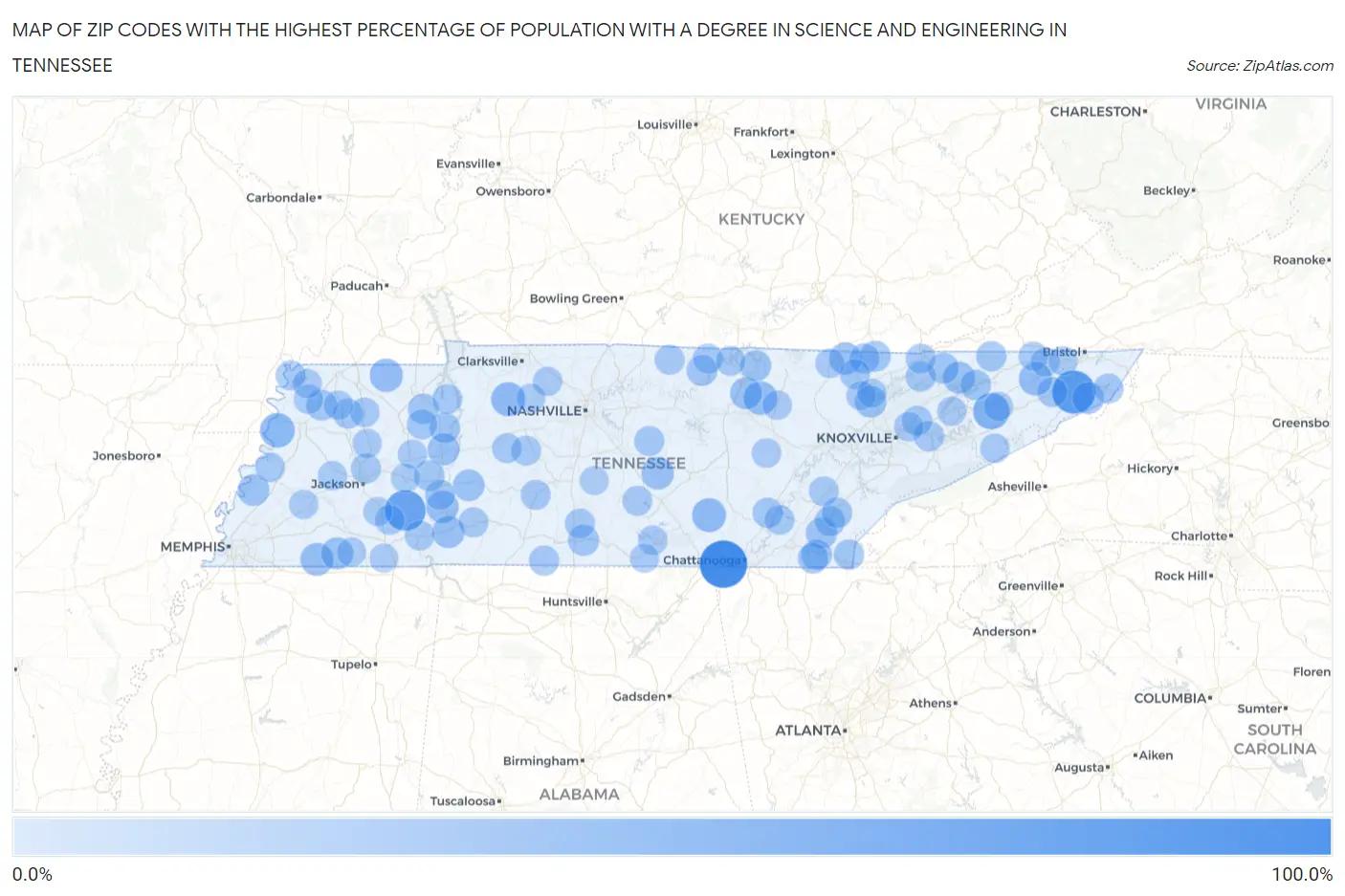 Zip Codes with the Highest Percentage of Population with a Degree in Science and Engineering in Tennessee Map