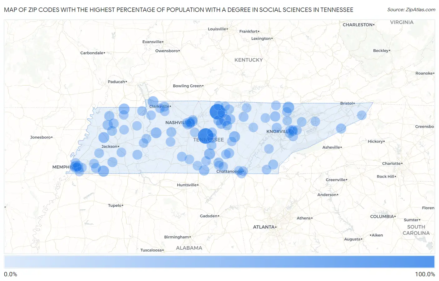 Zip Codes with the Highest Percentage of Population with a Degree in Social Sciences in Tennessee Map