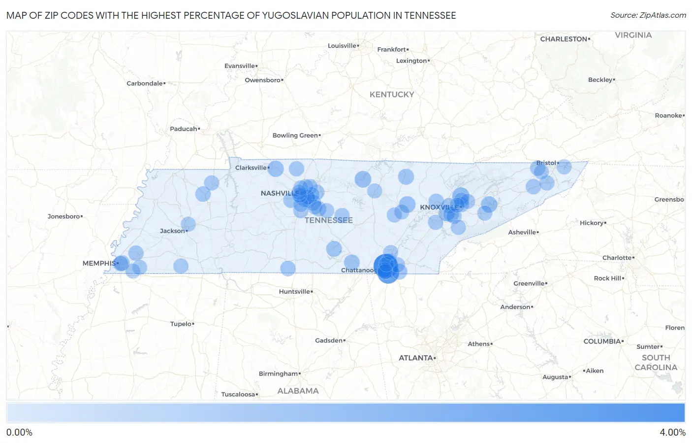 Zip Codes with the Highest Percentage of Yugoslavian Population in Tennessee Map