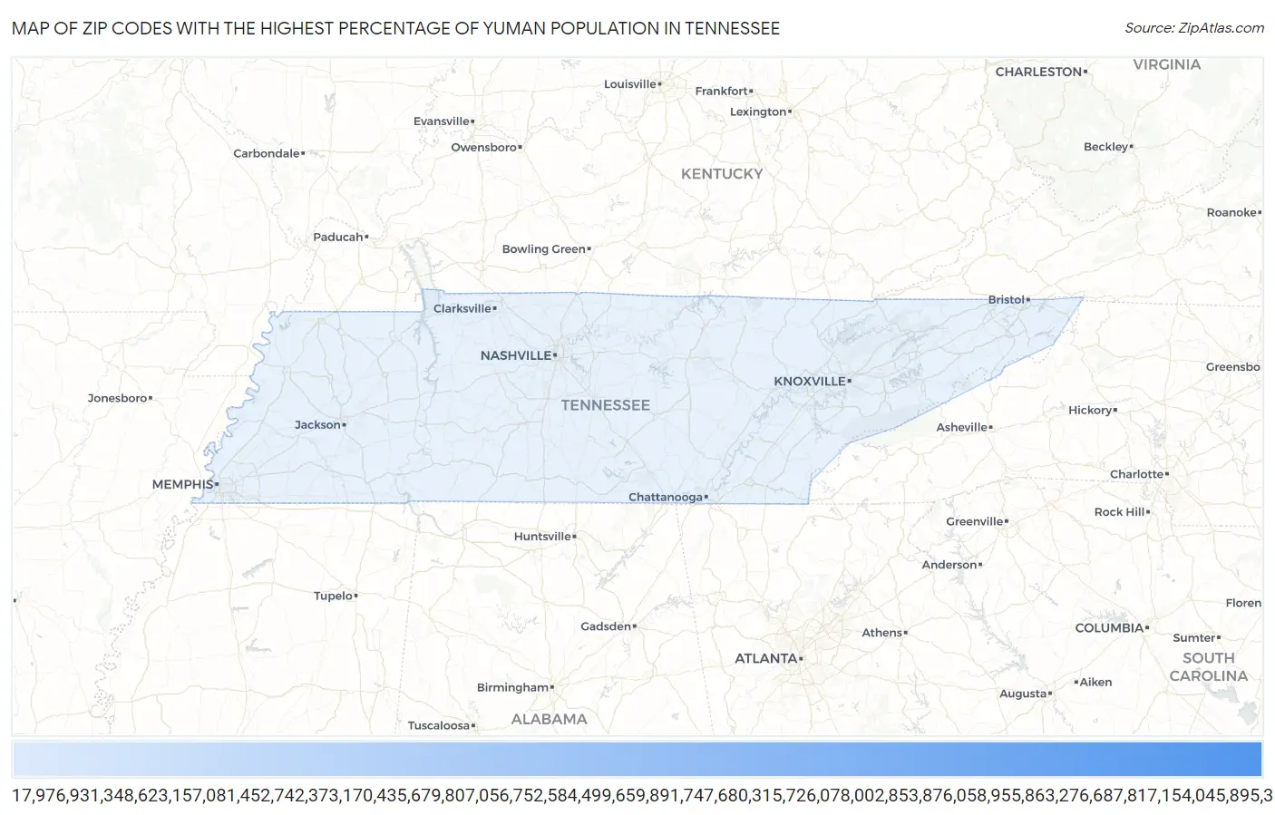 Zip Codes with the Highest Percentage of Yuman Population in Tennessee Map