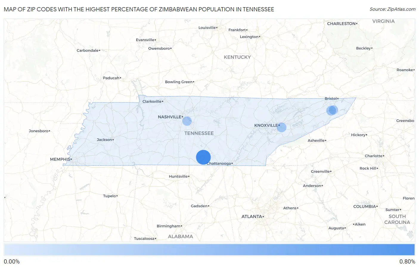 Zip Codes with the Highest Percentage of Zimbabwean Population in Tennessee Map
