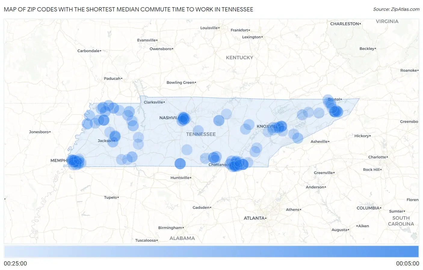 Zip Codes with the Shortest Median Commute Time to Work in Tennessee Map