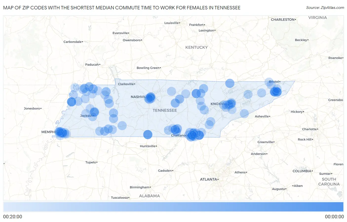 Zip Codes with the Shortest Median Commute Time to Work for Females in Tennessee Map
