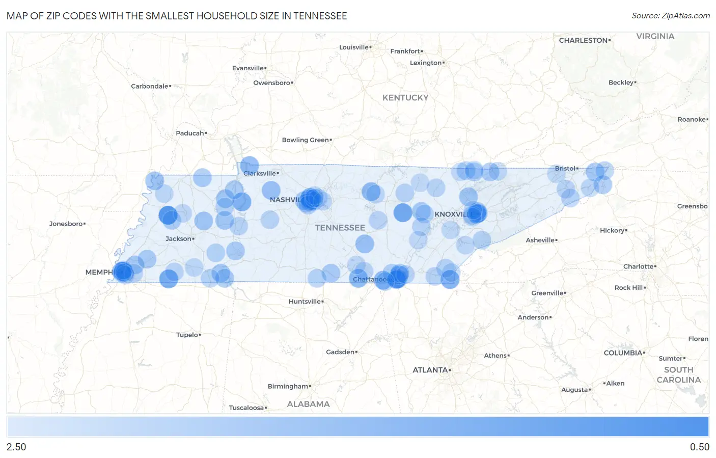 Zip Codes with the Smallest Household Size in Tennessee Map