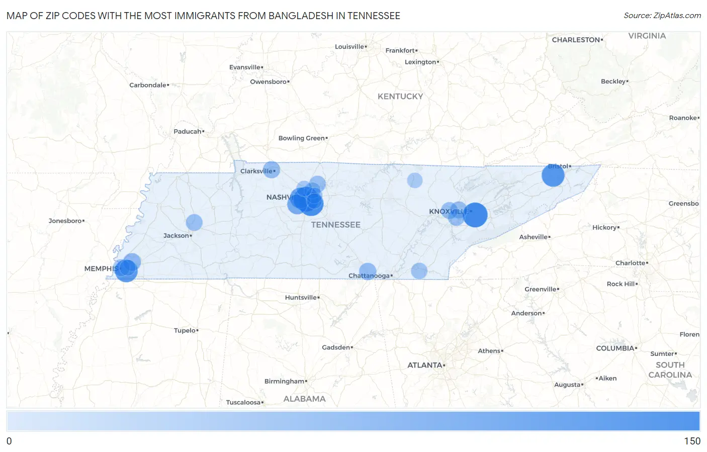 Zip Codes with the Most Immigrants from Bangladesh in Tennessee Map