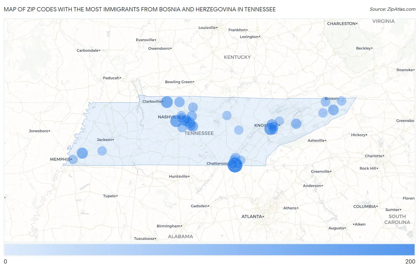 Zip Codes with the Most Immigrants from Bosnia and Herzegovina in Tennessee Map