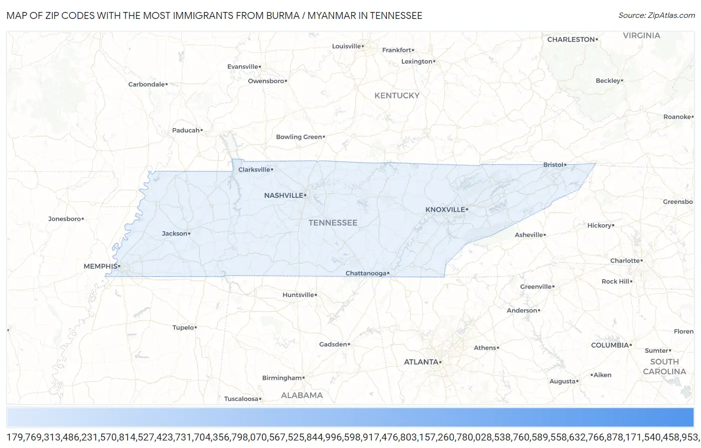 Zip Codes with the Most Immigrants from Burma / Myanmar in Tennessee Map