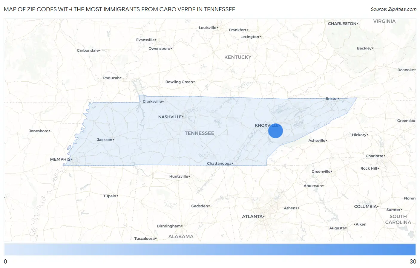 Zip Codes with the Most Immigrants from Cabo Verde in Tennessee Map