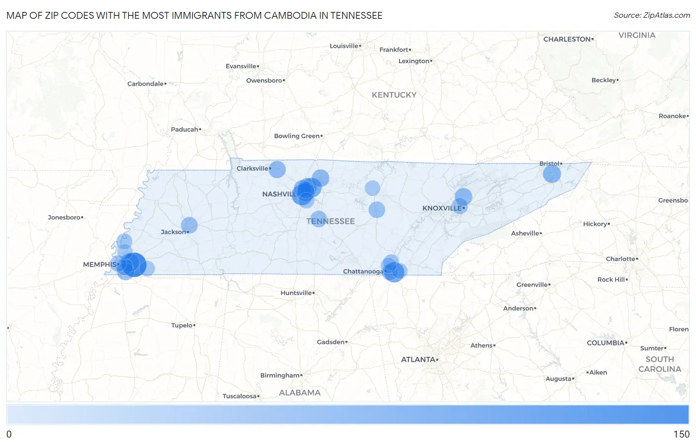 Zip Codes with the Most Immigrants from Cambodia in Tennessee Map