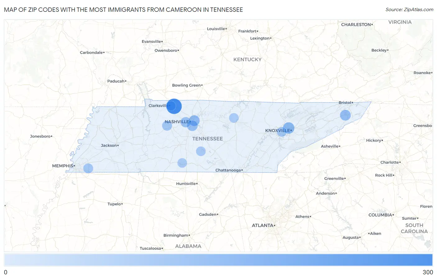 Zip Codes with the Most Immigrants from Cameroon in Tennessee Map