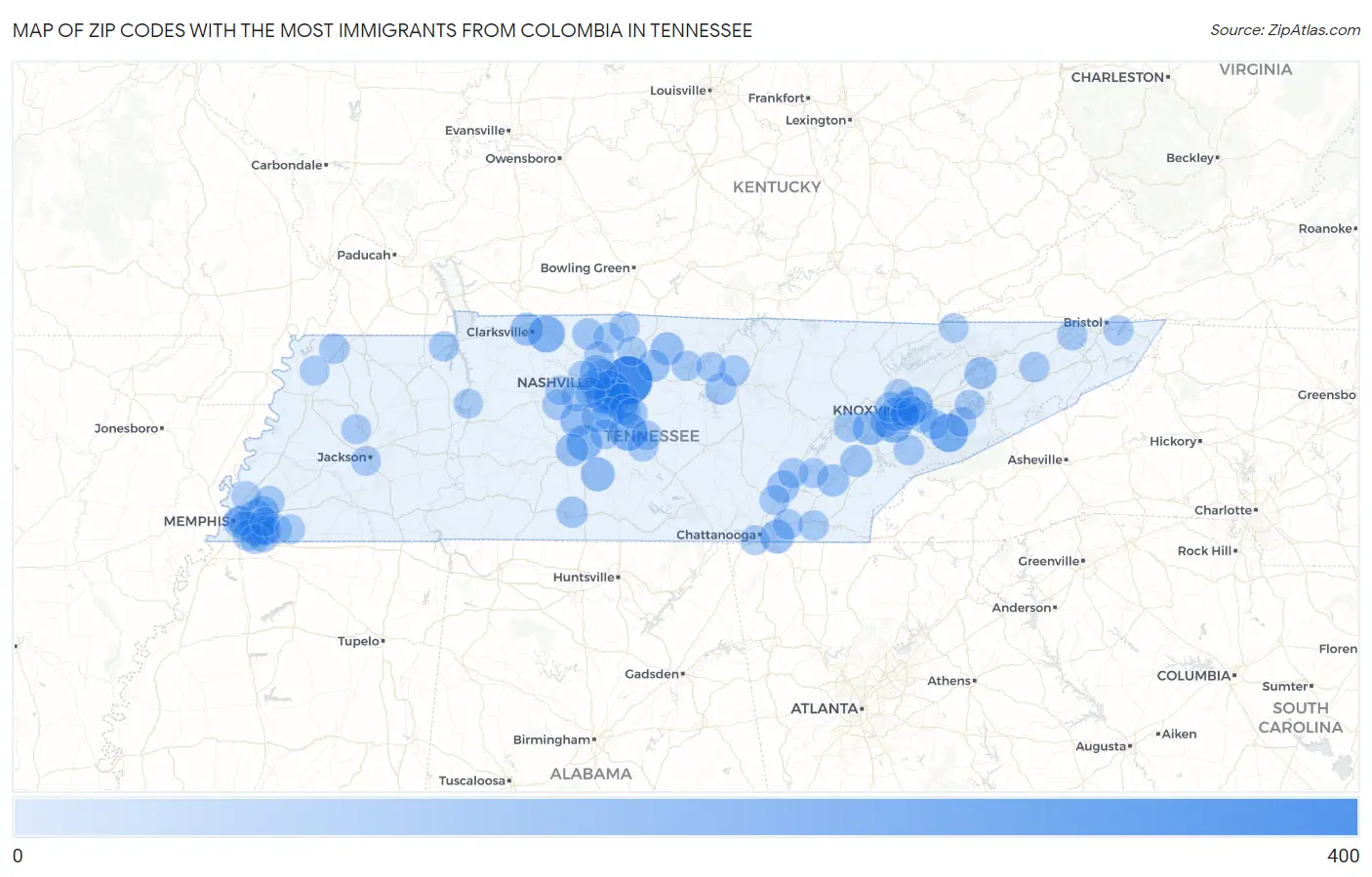 Zip Codes with the Most Immigrants from Colombia in Tennessee Map