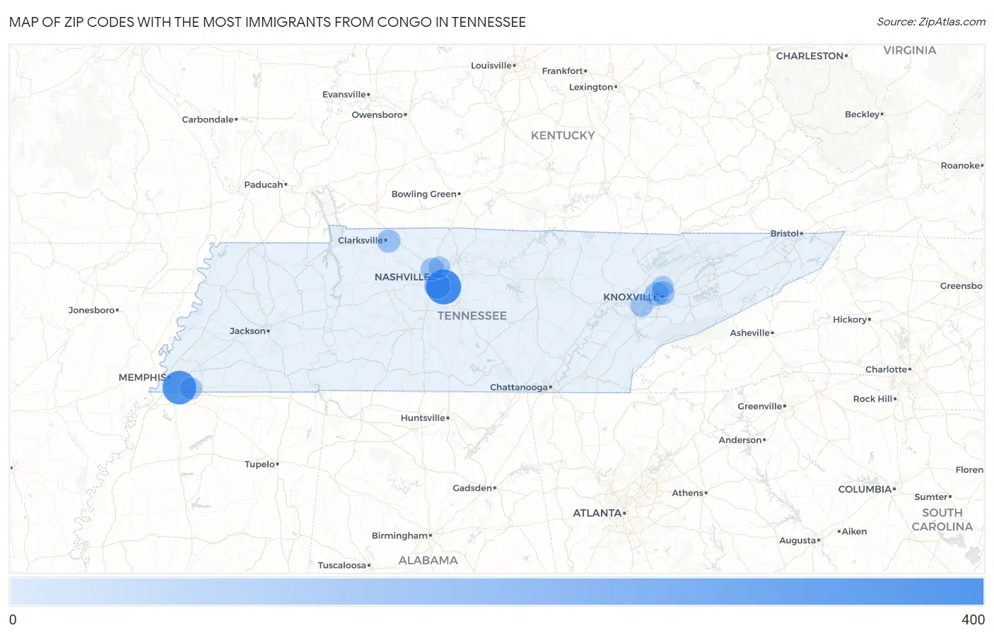 Zip Codes with the Most Immigrants from Congo in Tennessee Map