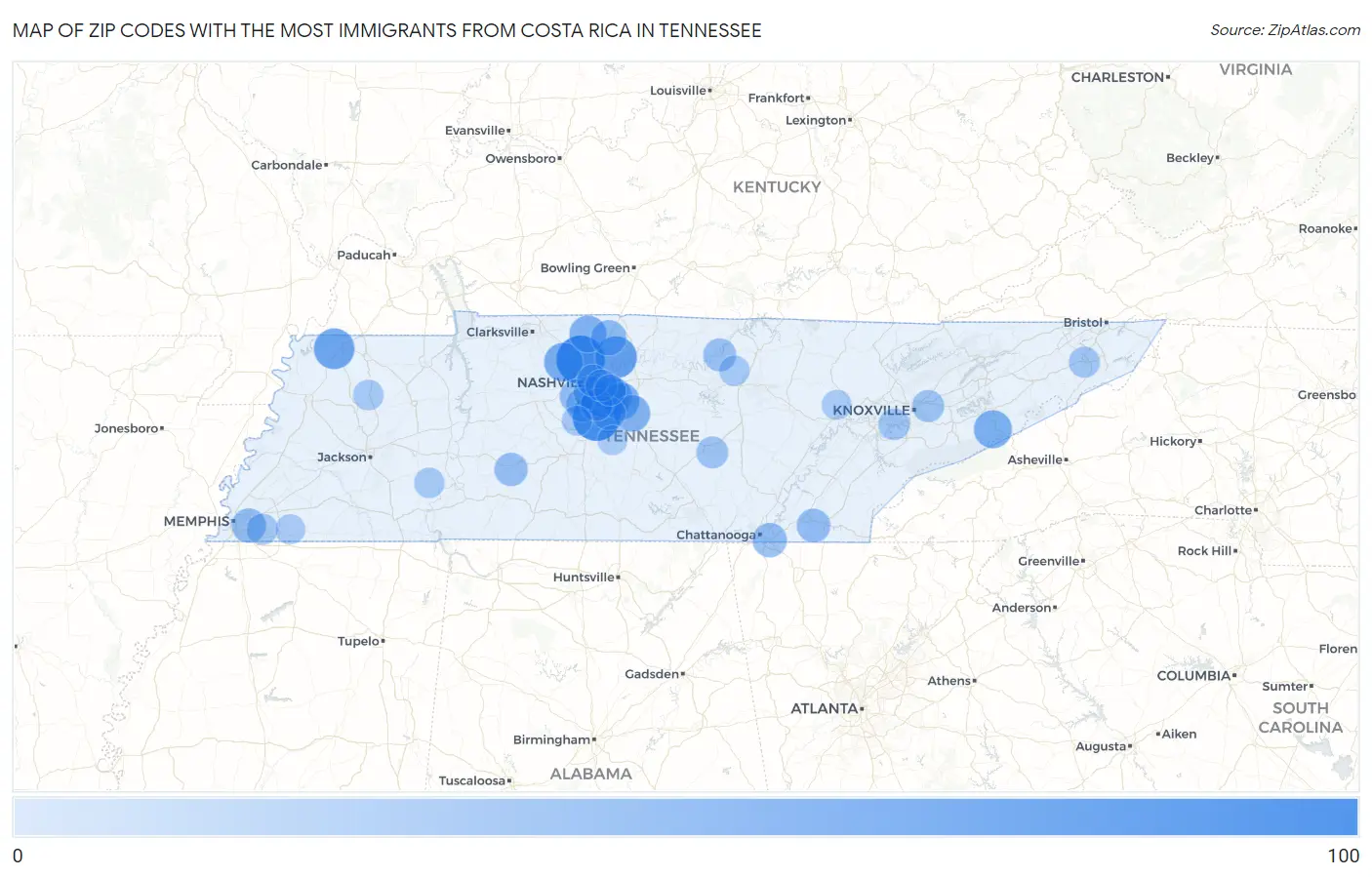 Zip Codes with the Most Immigrants from Costa Rica in Tennessee Map