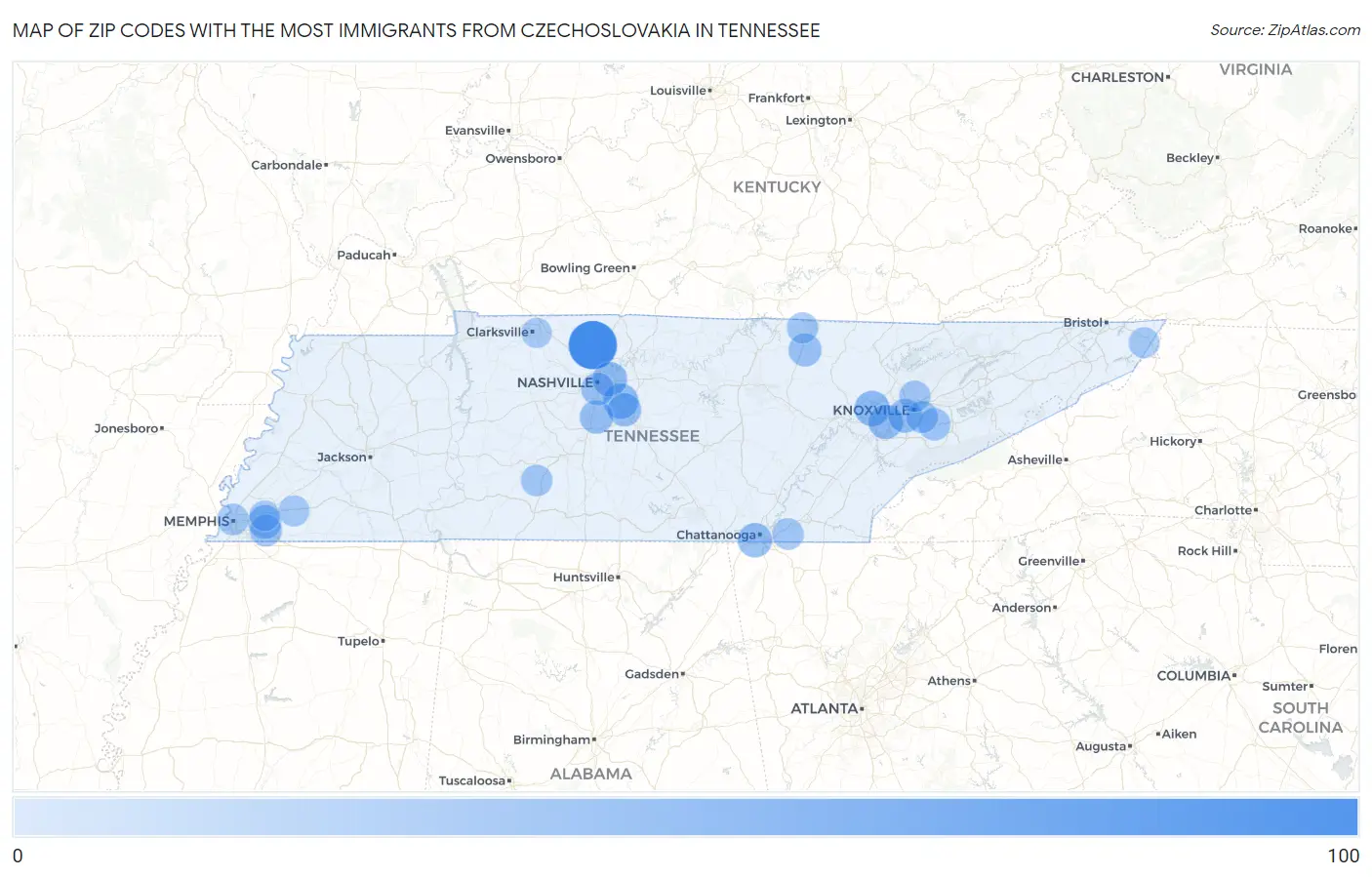 Zip Codes with the Most Immigrants from Czechoslovakia in Tennessee Map
