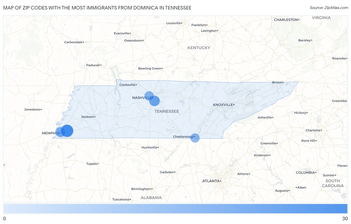Zip Codes with the Most Immigrants from Dominica in Tennessee Map