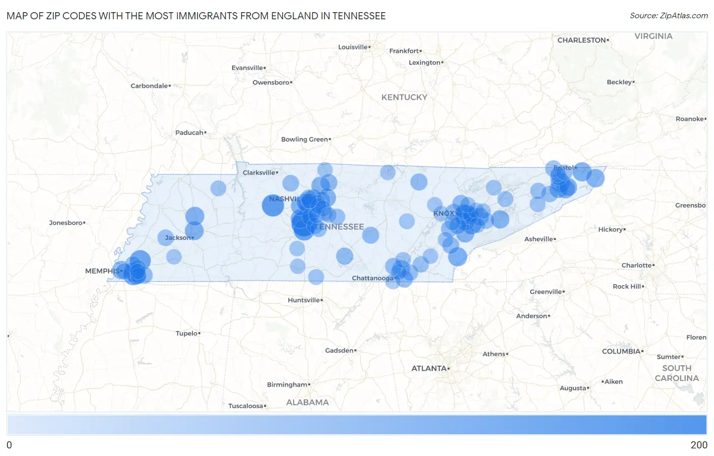 Zip Codes with the Most Immigrants from England in Tennessee Map