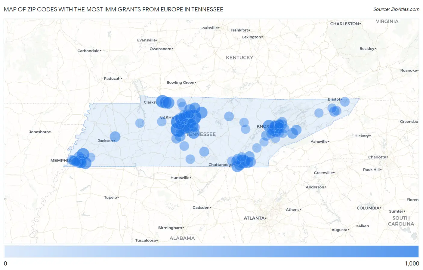 Zip Codes with the Most Immigrants from Europe in Tennessee Map