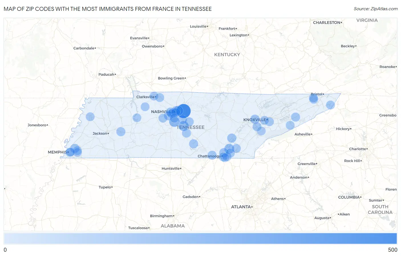 Zip Codes with the Most Immigrants from France in Tennessee Map