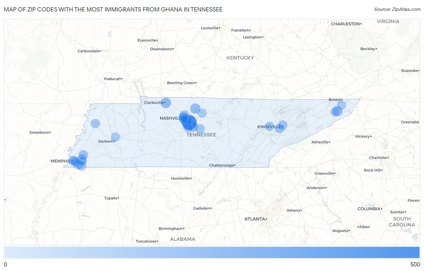 Zip Codes with the Most Immigrants from Ghana in Tennessee Map