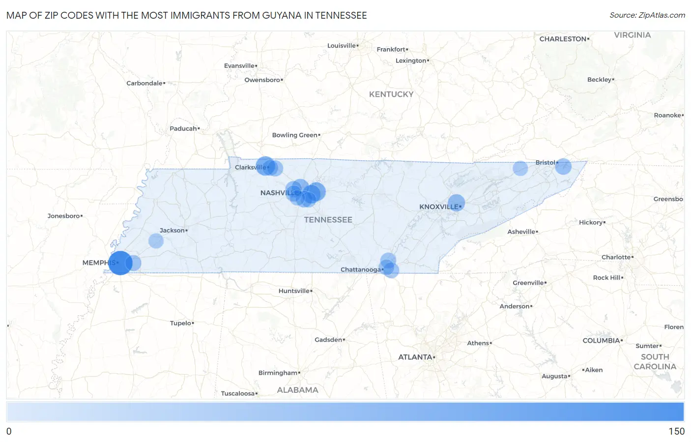 Zip Codes with the Most Immigrants from Guyana in Tennessee Map