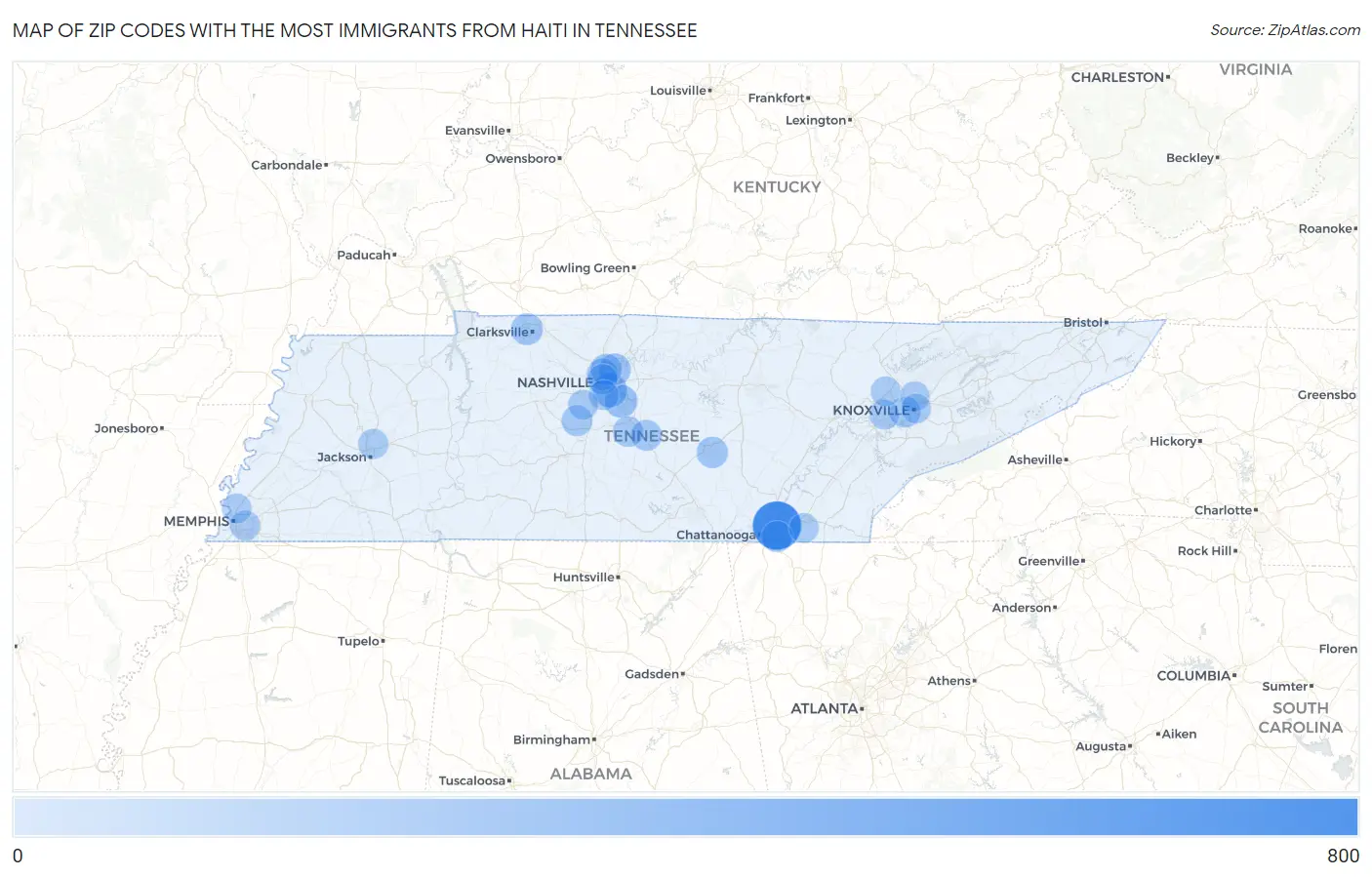 Zip Codes with the Most Immigrants from Haiti in Tennessee Map