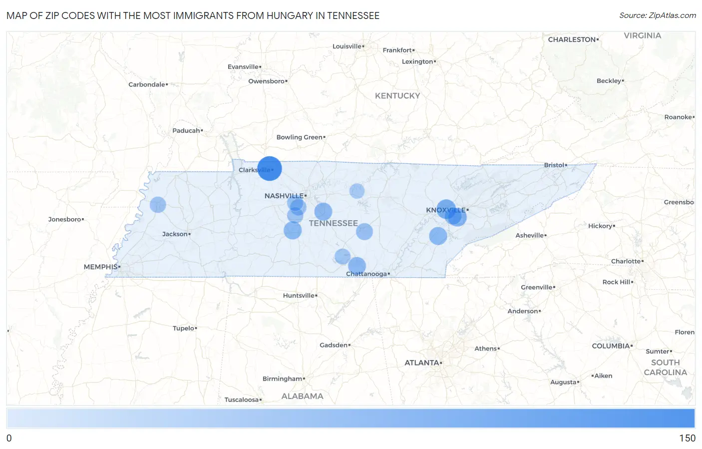 Zip Codes with the Most Immigrants from Hungary in Tennessee Map