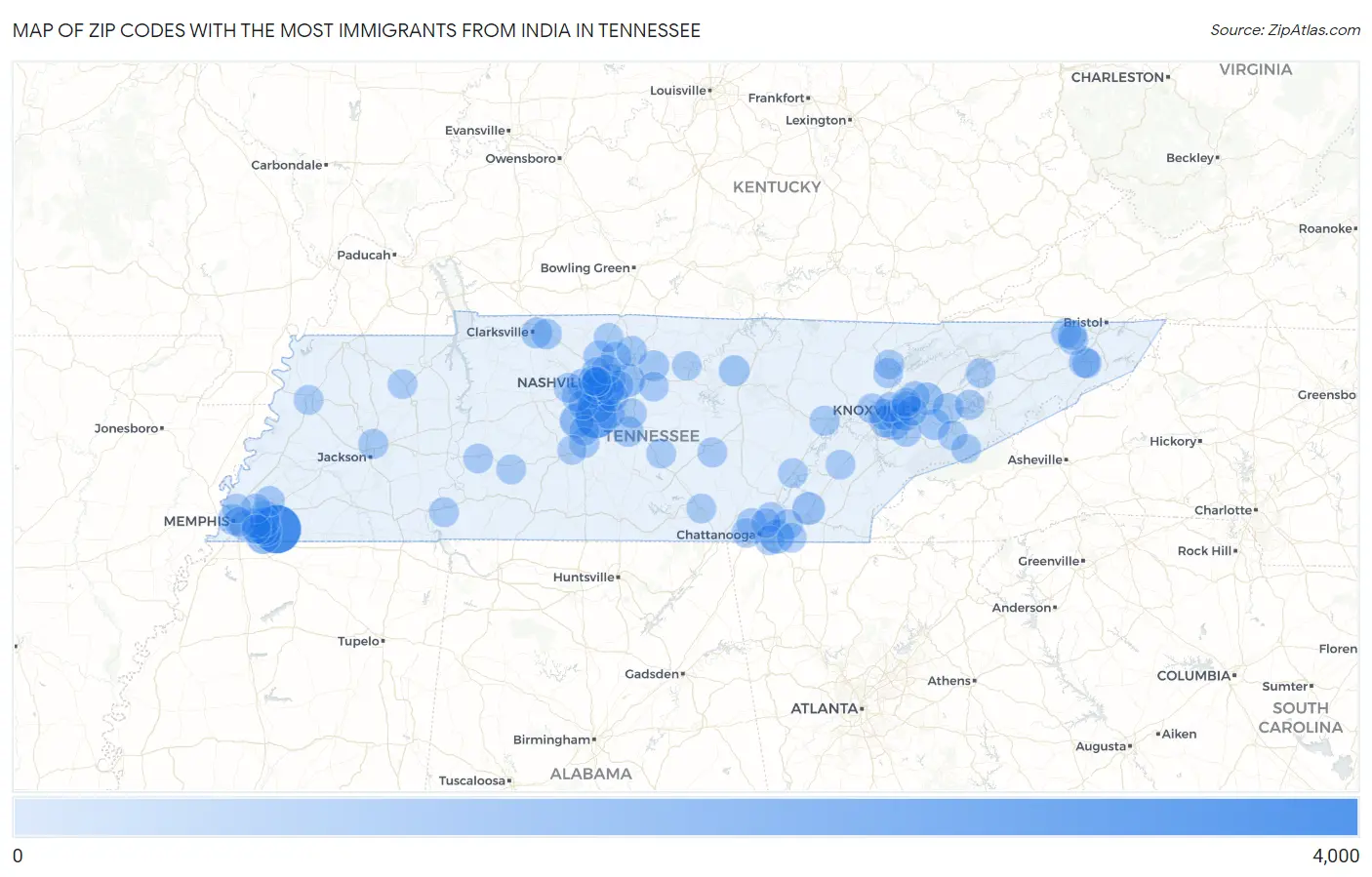 Zip Codes with the Most Immigrants from India in Tennessee Map