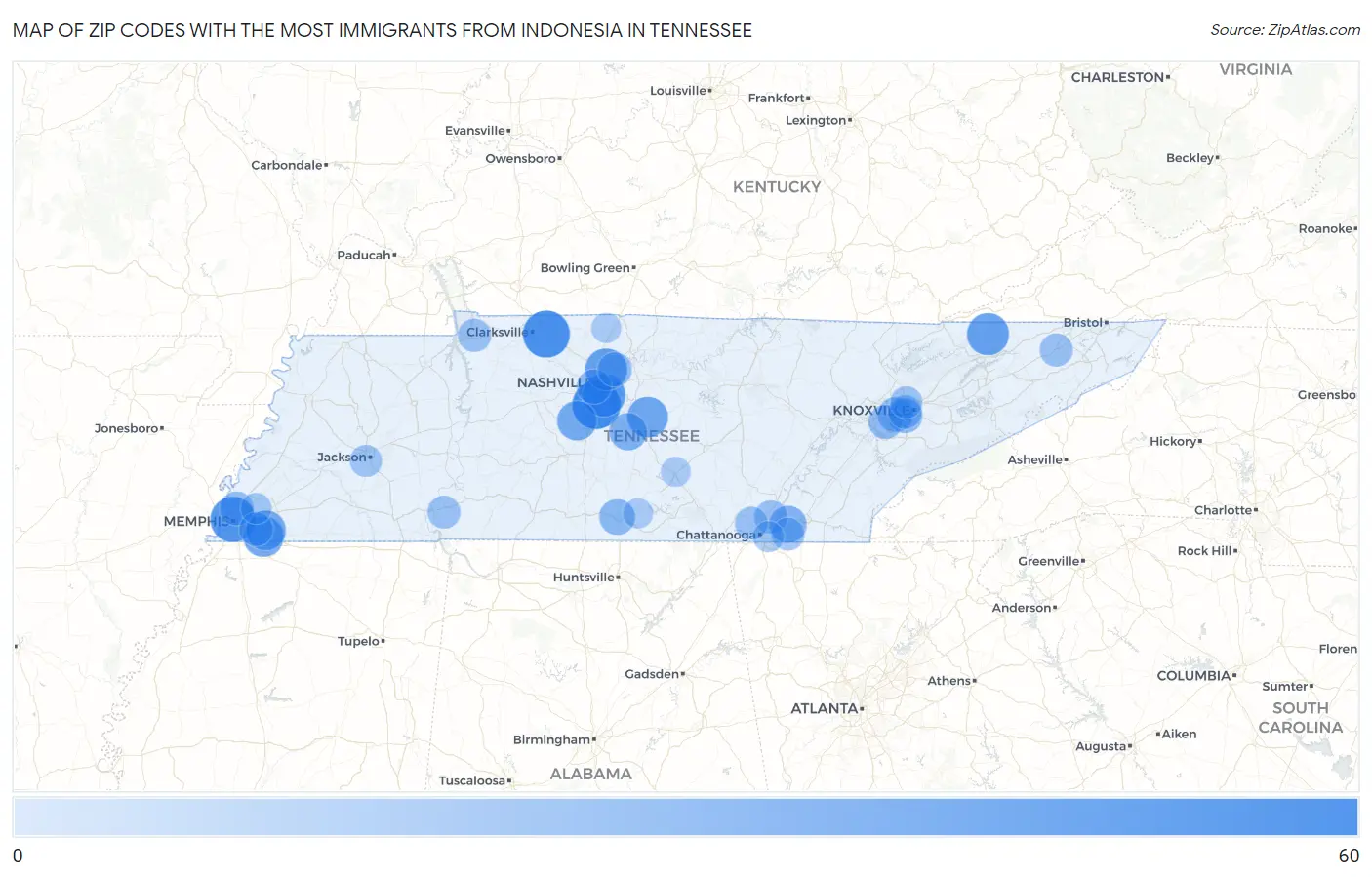 Zip Codes with the Most Immigrants from Indonesia in Tennessee Map