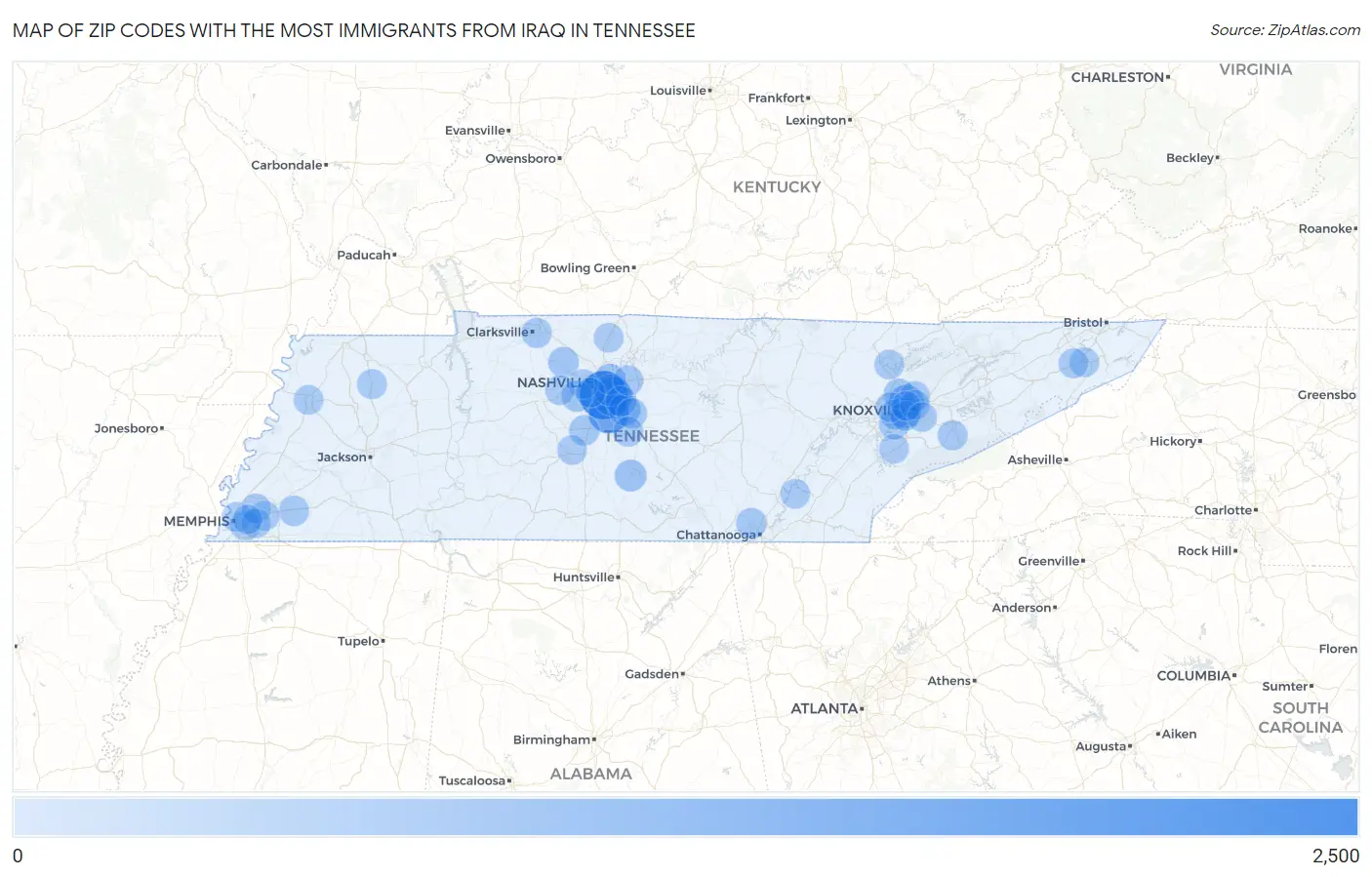 Zip Codes with the Most Immigrants from Iraq in Tennessee Map