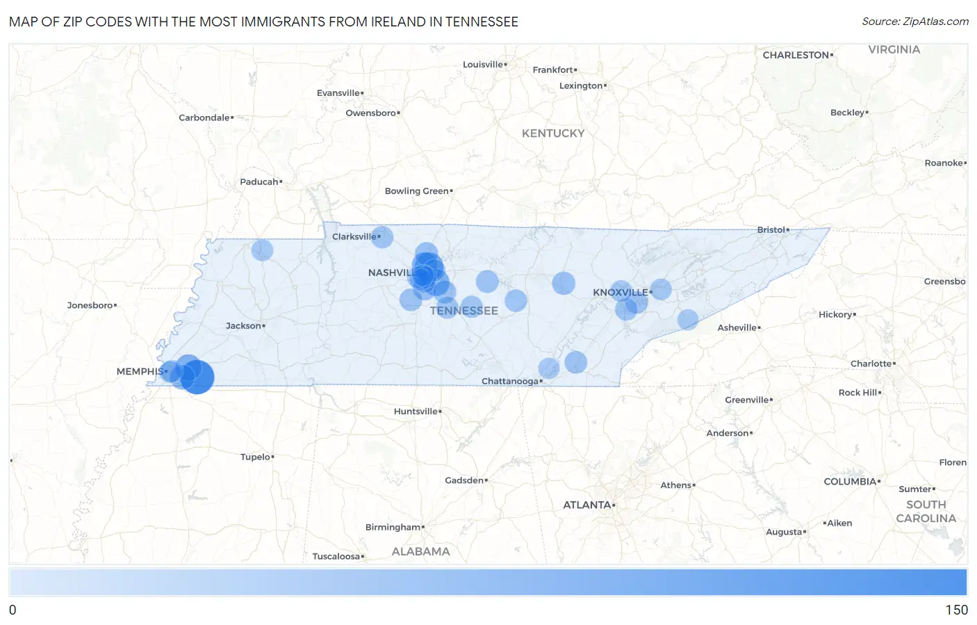 Zip Codes with the Most Immigrants from Ireland in Tennessee Map