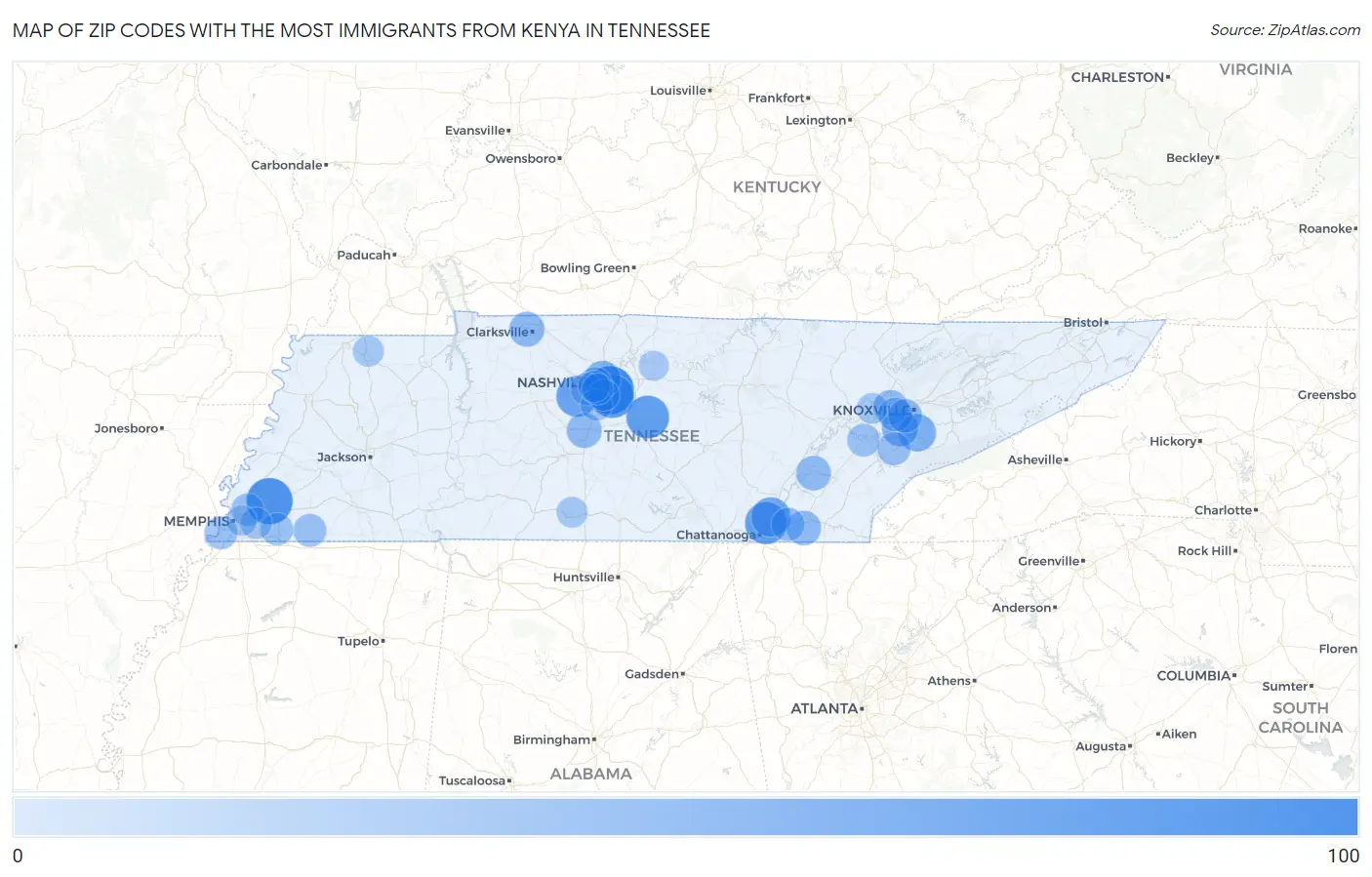Zip Codes with the Most Immigrants from Kenya in Tennessee Map