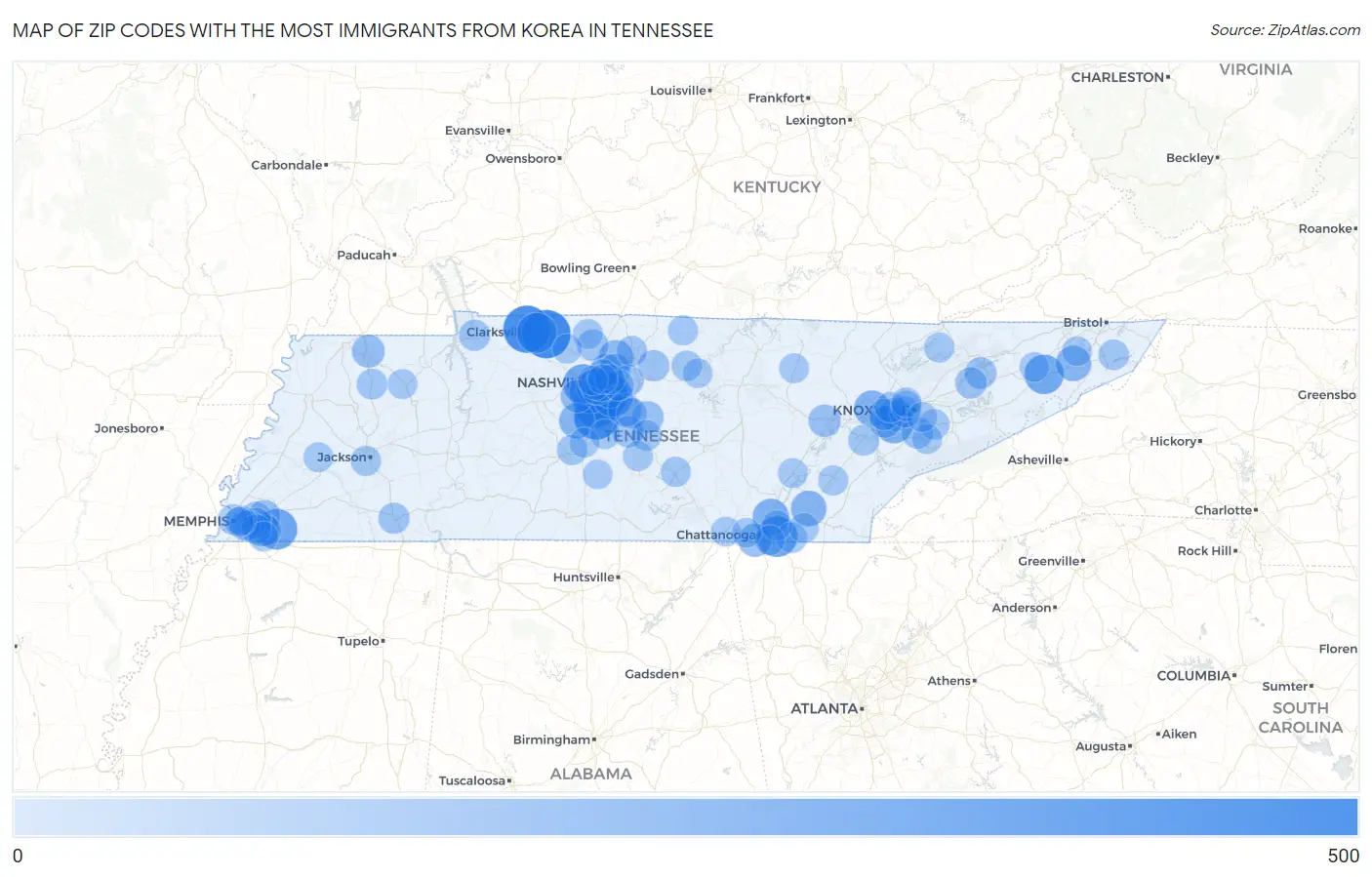 Zip Codes with the Most Immigrants from Korea in Tennessee Map