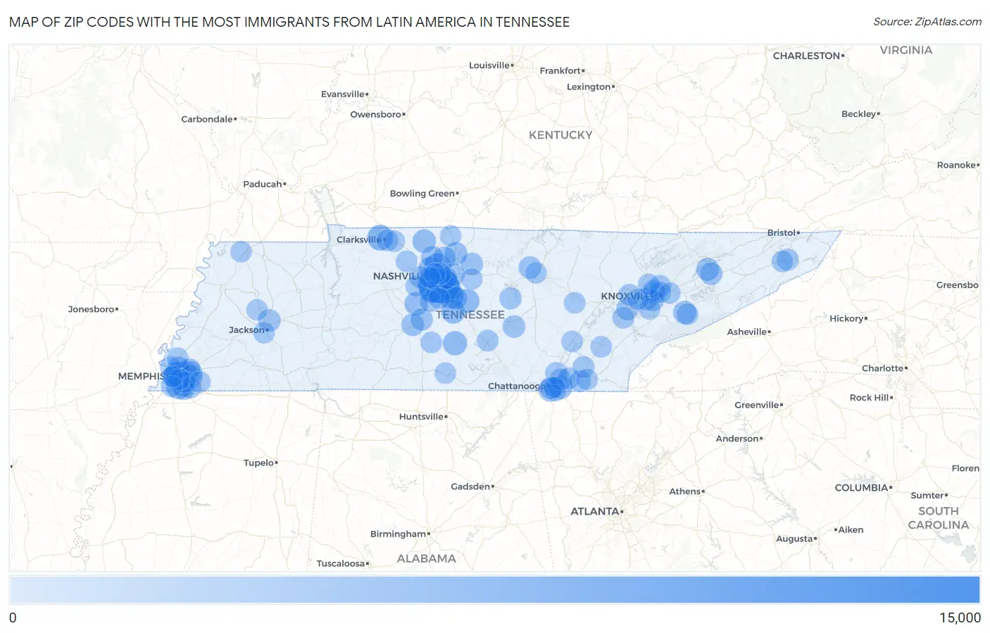 Zip Codes with the Most Immigrants from Latin America in Tennessee Map