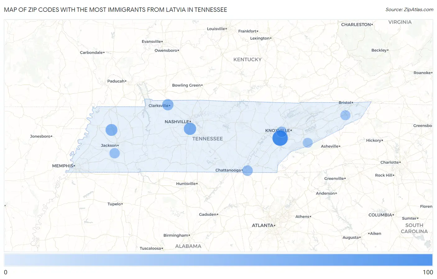 Zip Codes with the Most Immigrants from Latvia in Tennessee Map